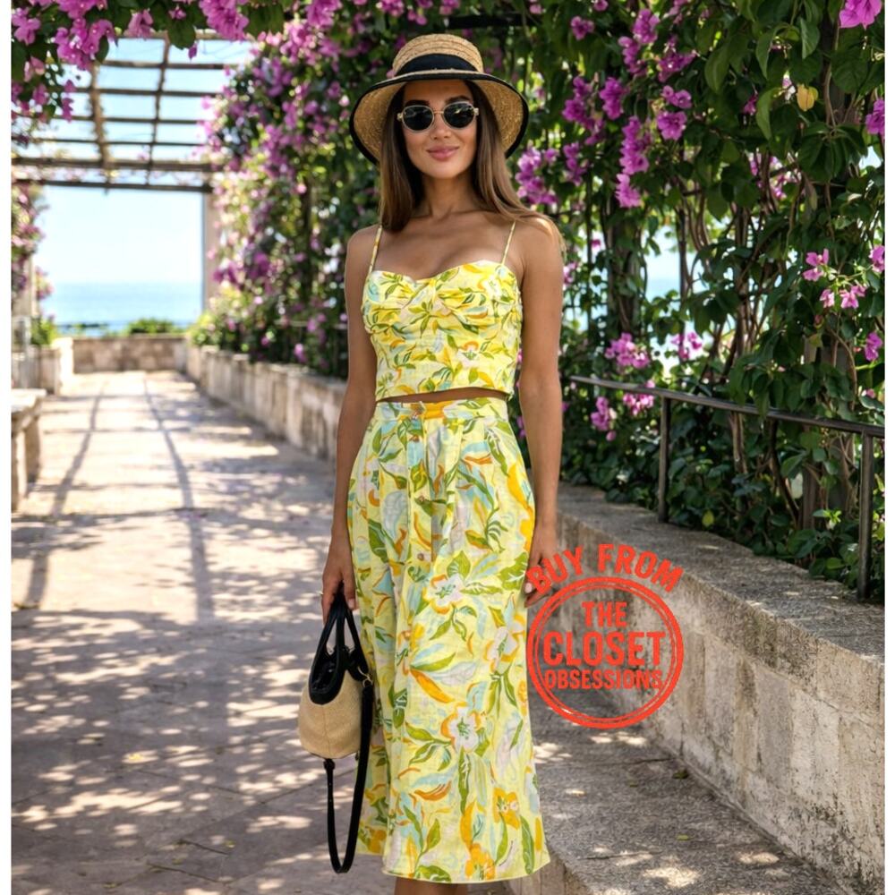 Zara Floral Co Ord Set Corset Top Midi Skirt Linen Blend Vacation Outfit NWT - Picture 10 of 16